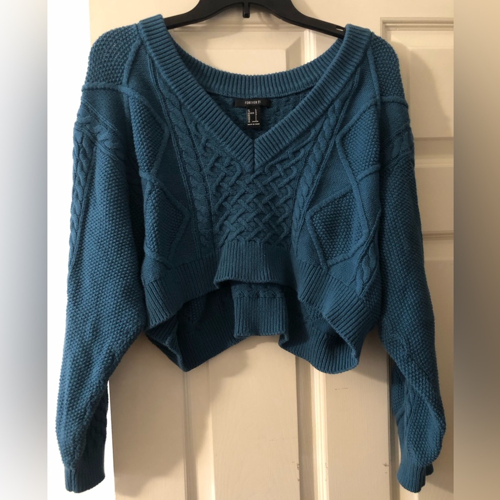 Forever 21 Teal Cable Knit Cropped V-Neck Sweater